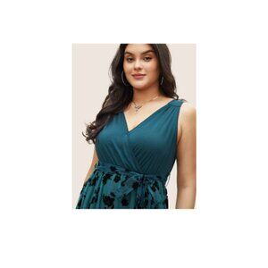 BloomChic Floral Mesh Patchwork Surplice Neck Tank Dress Cerulean NWT